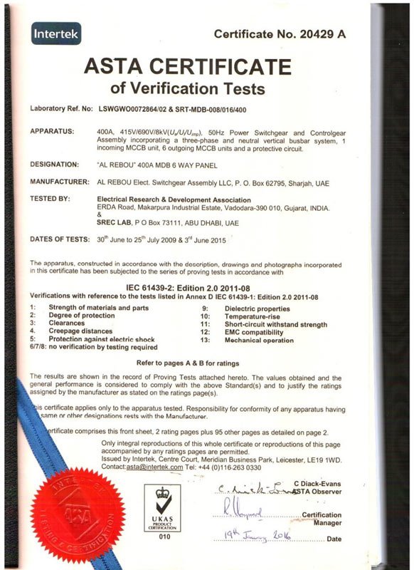 ASTA Type Test Certificate 400A