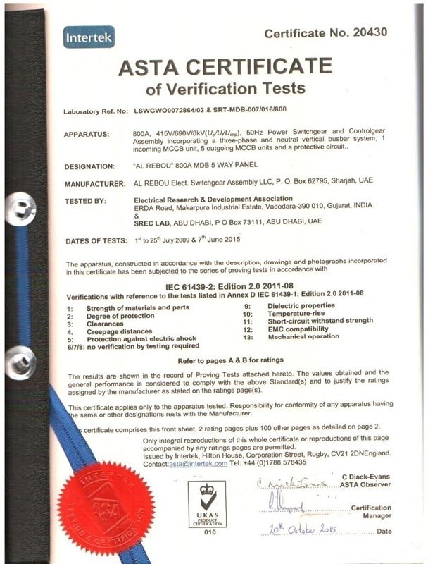ASTA Type Test Certificate 800A