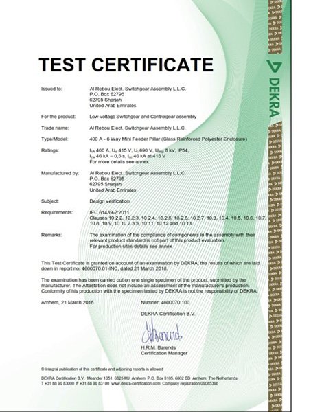 DEKRA Certificates 400A-6Way mini Feeder Pillar