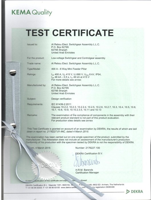 KEMA Quality Certificates 400A